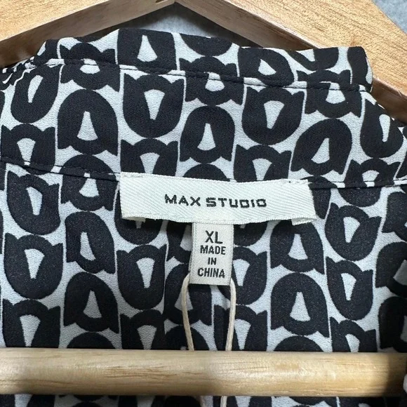 Max Studio Womens XL Black White Geometric Tiered Midi Dress Smocked Waist NEW - Picture 4 of 5
